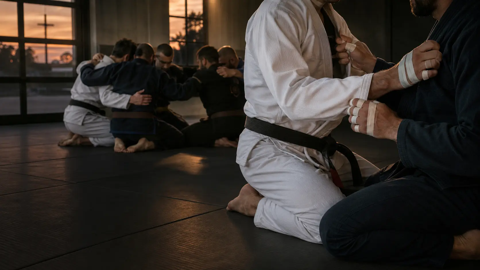 Men in gis kneeling together on the mats before training begins