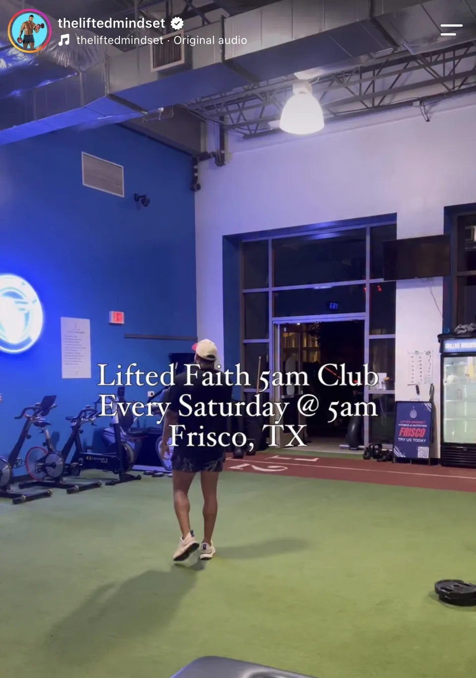 Promotional flyer for the Lifted Faith 5 AM Club: a man walking across a dimly lit gym floor, with large text reading “Lifted Faith 5am Club, Every Saturday @ 5am, Frisco, TX”