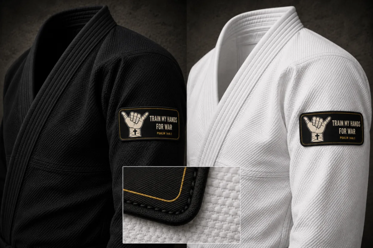 Vertical woven TMHFW sleeve patch in black and gold