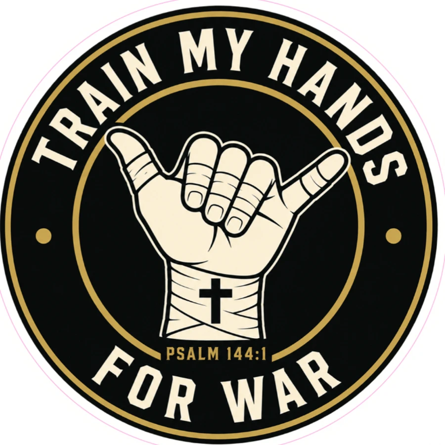 Matte 3 inch round TMHFW crest sticker — bone and aged brass shaka hand with a cross on the taped wrist, Psalm 144:1
