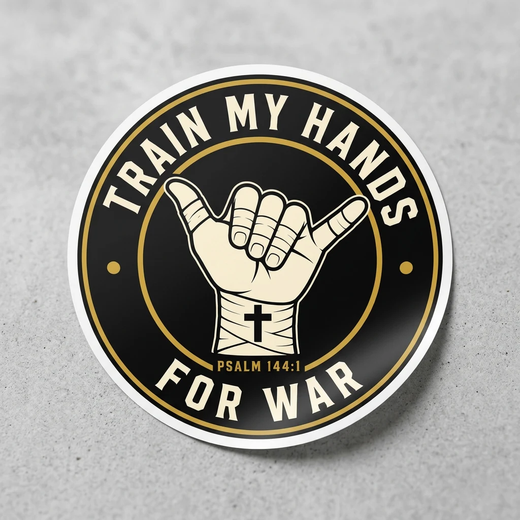 Product mockup: 3-inch round matte die-cut TMHFW crest sticker — bone and aged-brass shaka hand with a cross on the taped wrist and Psalm 144:1 around the lower edge