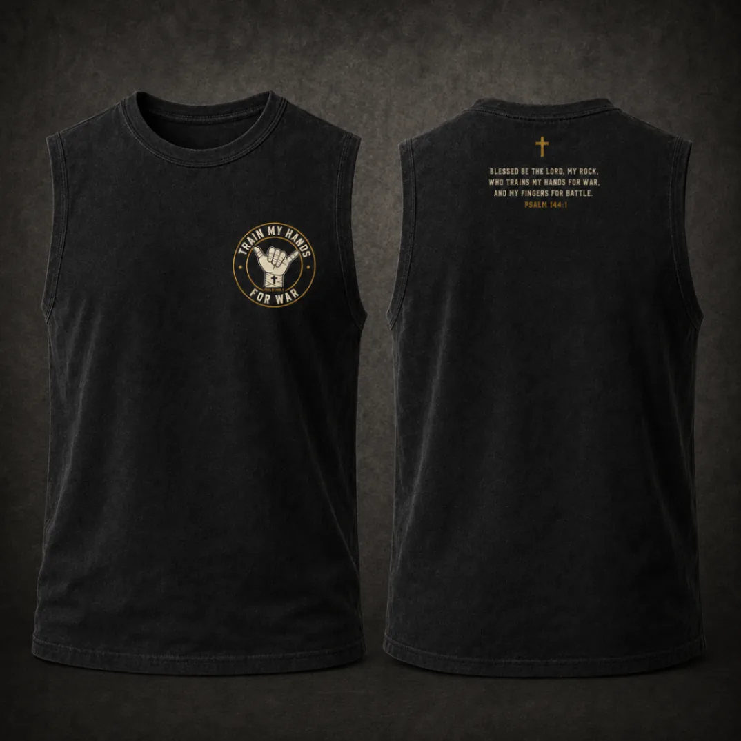 Front and back of a washed black sleeveless training shirt with circular crest and Psalm 144:1 on the back