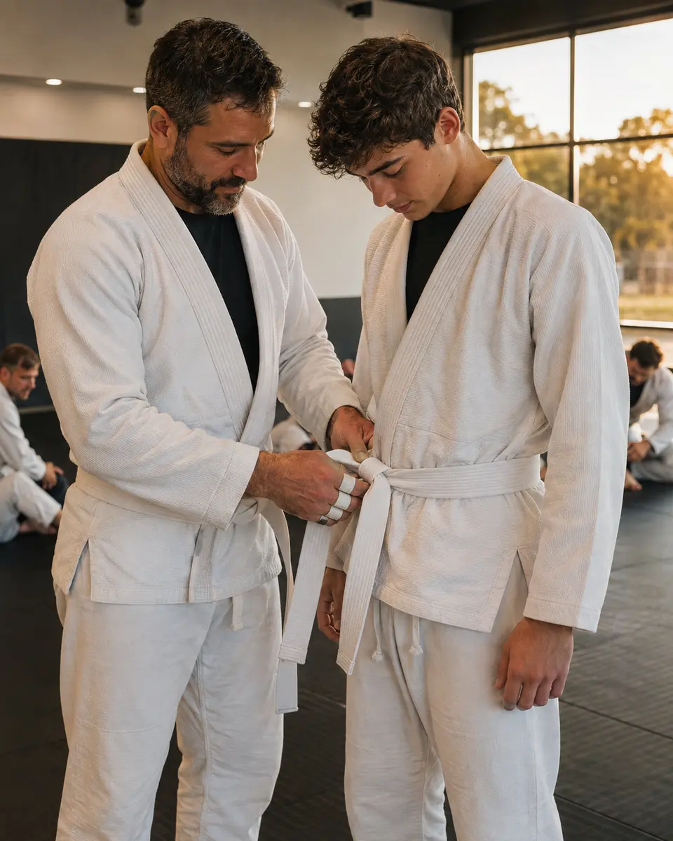 A father helping his teenage son tie his belt before training
