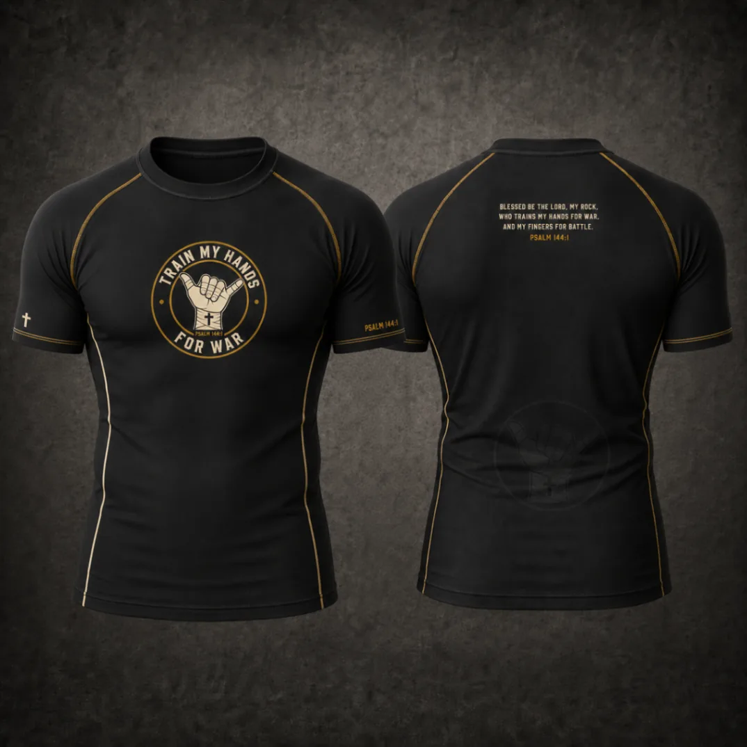 Front and back of a black short-sleeve TMHFW rashguard with gold seam accents