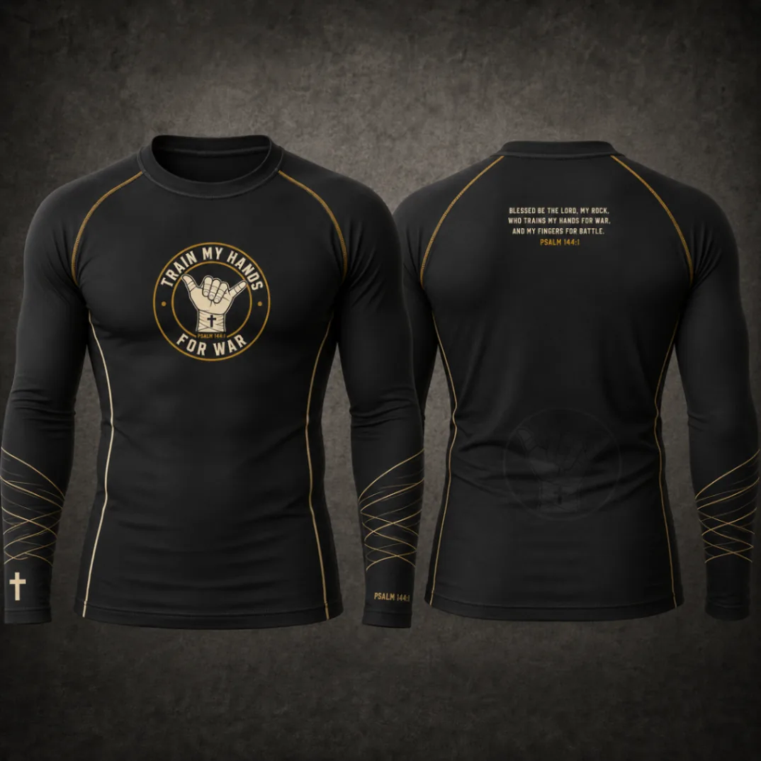 Front and back of a black long-sleeve TMHFW rashguard with gold seam accents