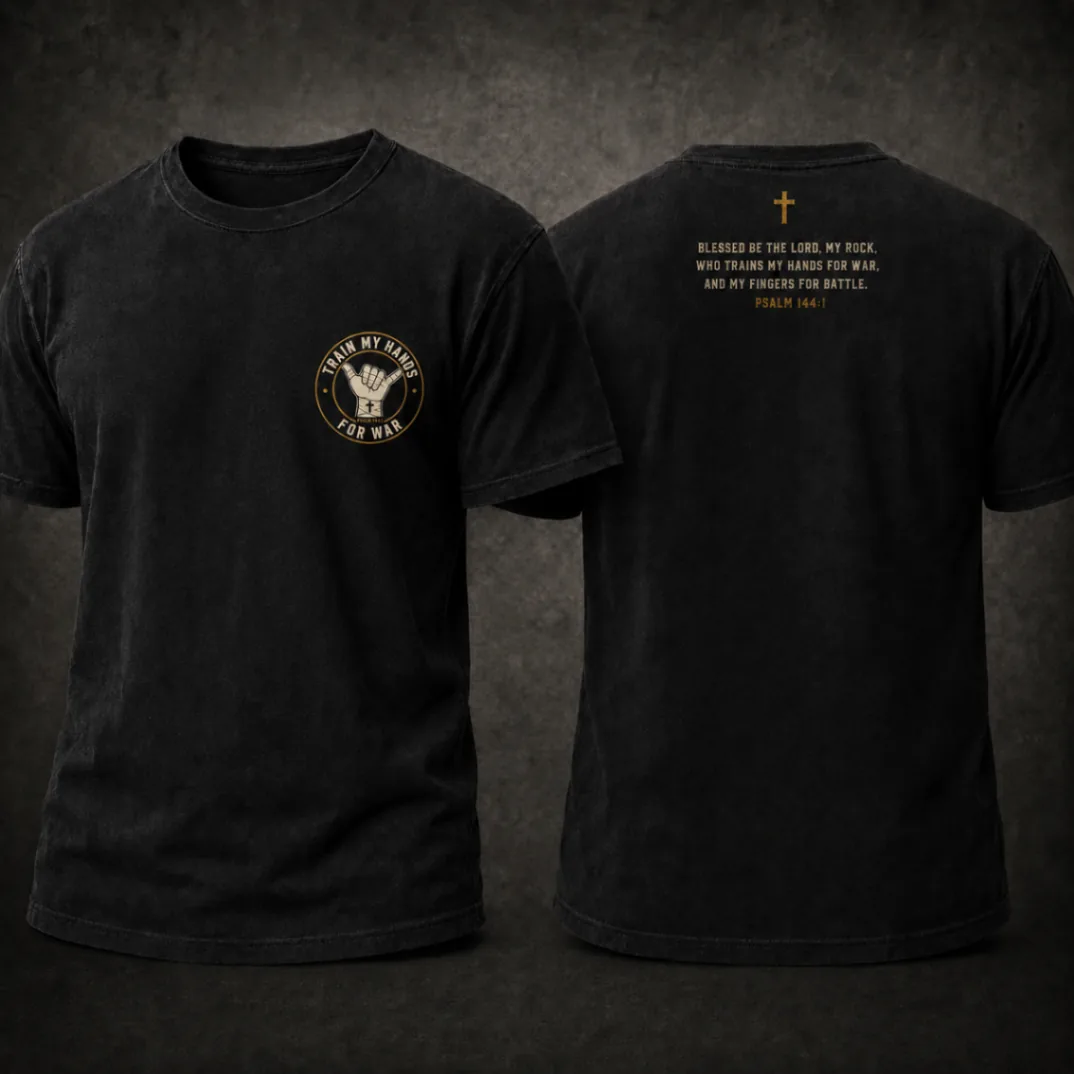 Front and back of the black TMHFW foundation tee with ivory and gold crest