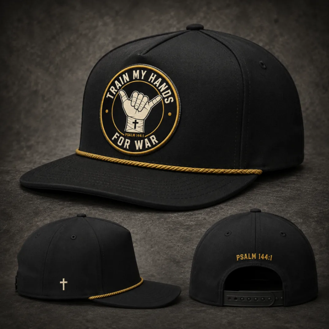 Black TMHFW rope hat with antique-gold rope brim detail and embroidered crest