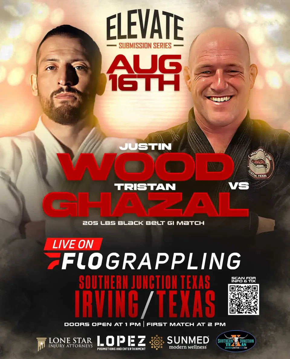 Elevate Submission Series event flyer for the August 16 black belt gi match between Justin Wood and Tristan Ghazal at 205 lbs.