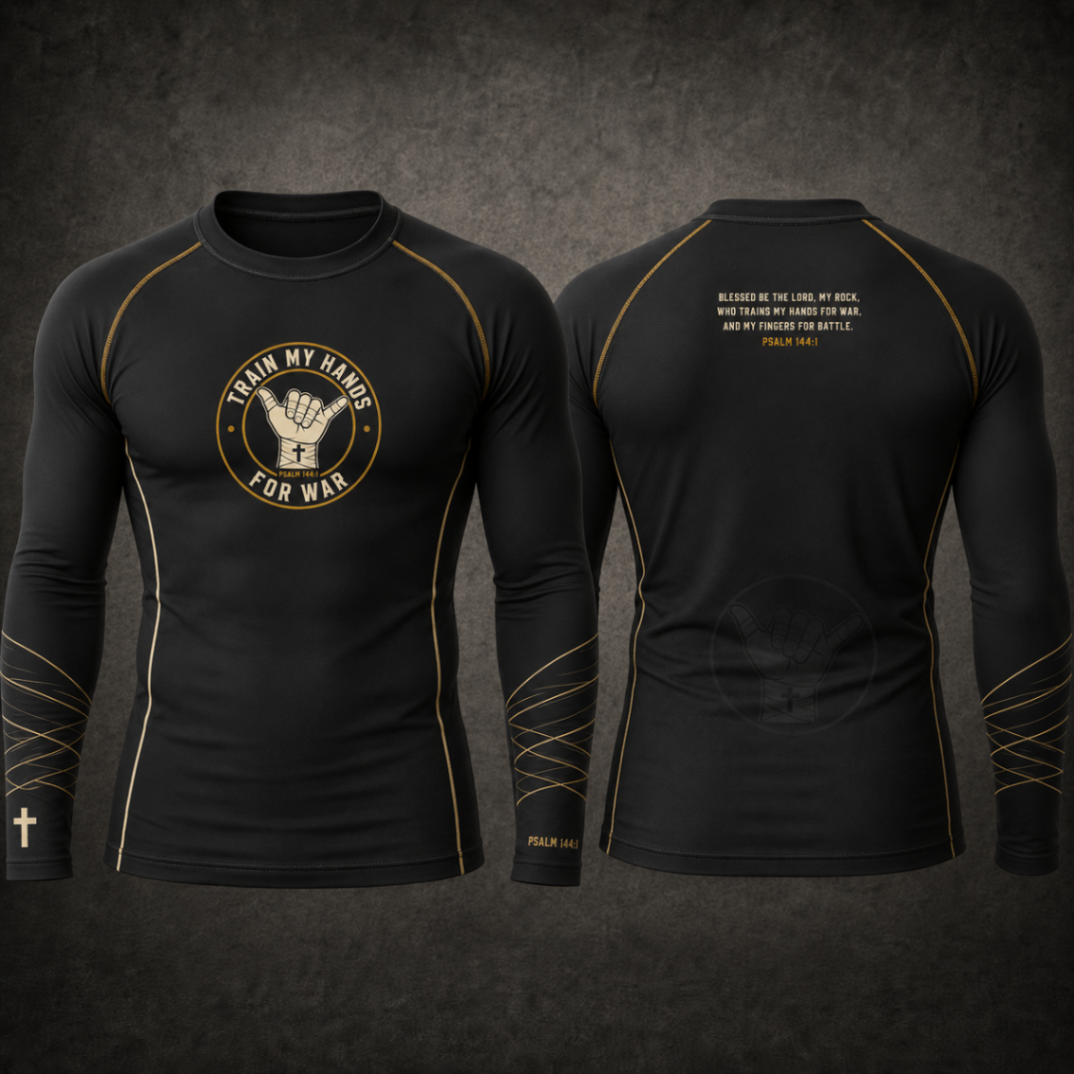 Product mockup: front and back of a matte black long-sleeve TMHFW rashguard — gold seam accents through the shoulders and forearms, shaka crest on the left chest, wordmark across the upper back