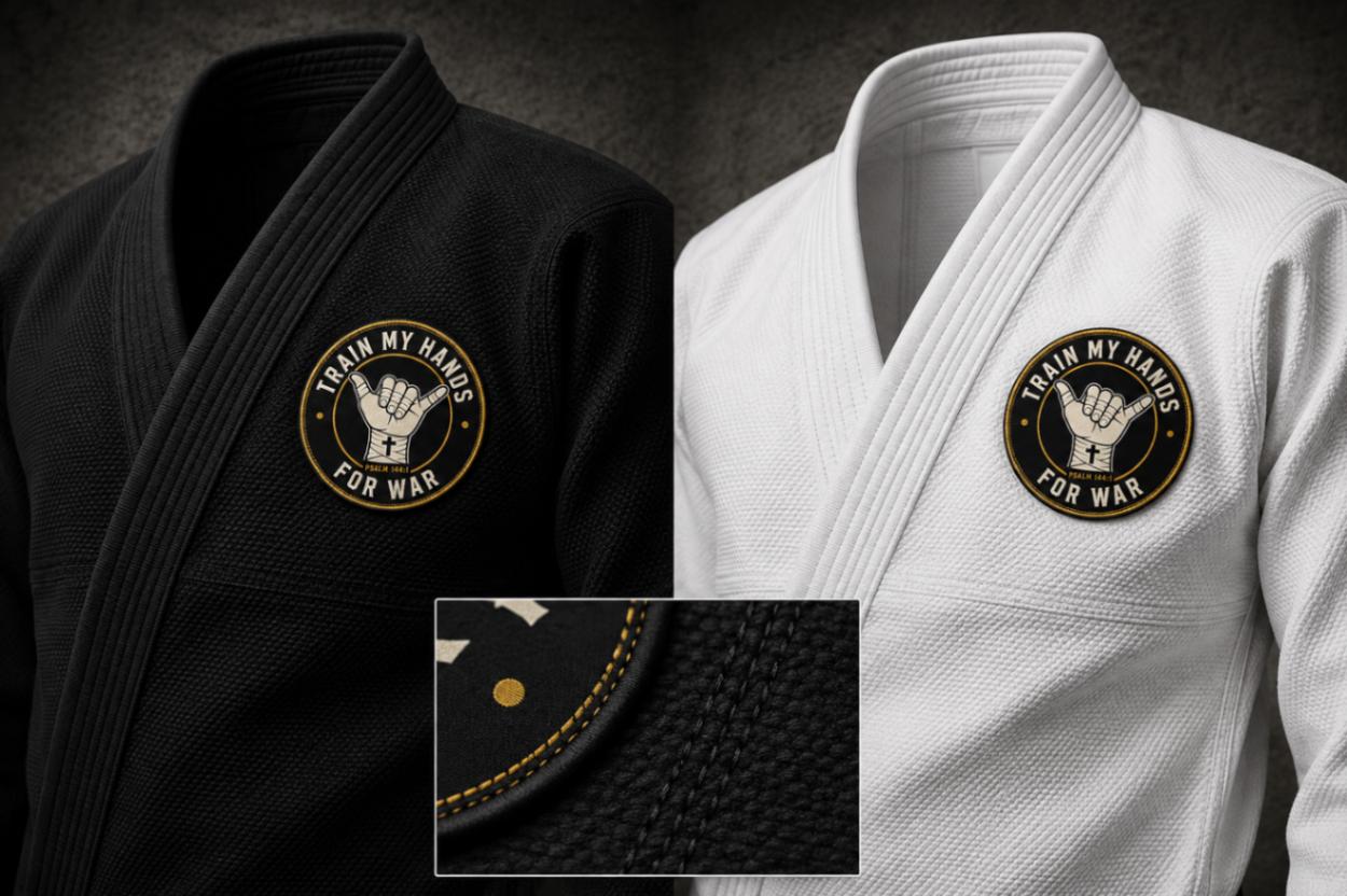 Product mockup: small woven TMHFW gi chest patch, roughly 3.5 inches wide — bone-and-gold shaka crest on black twill with a merrowed edge, sized to sit above the heart on the gi lapel