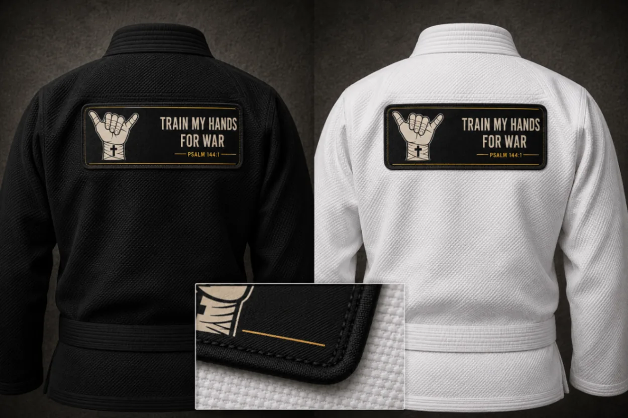 Large woven TMHFW back patch for a gi jacket, ivory crest on black twill