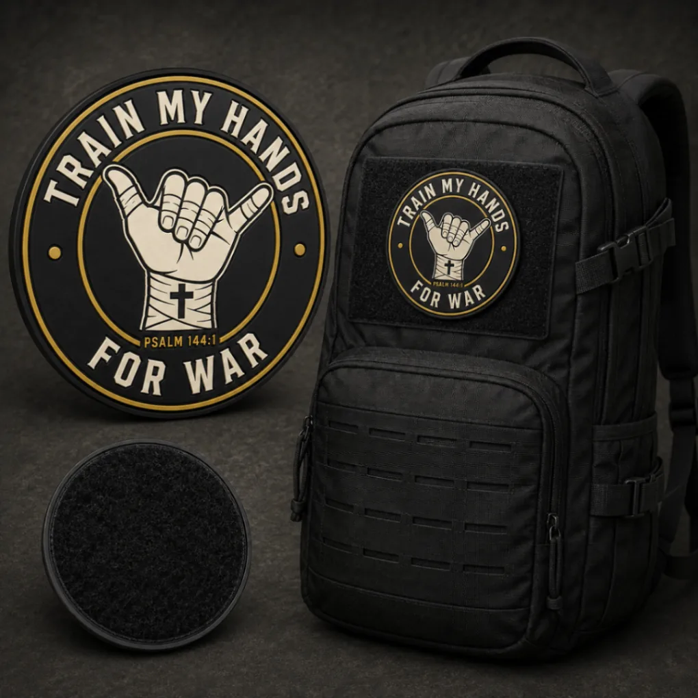 Molded black and gold TMHFW matte rubber crest patch with hook backing