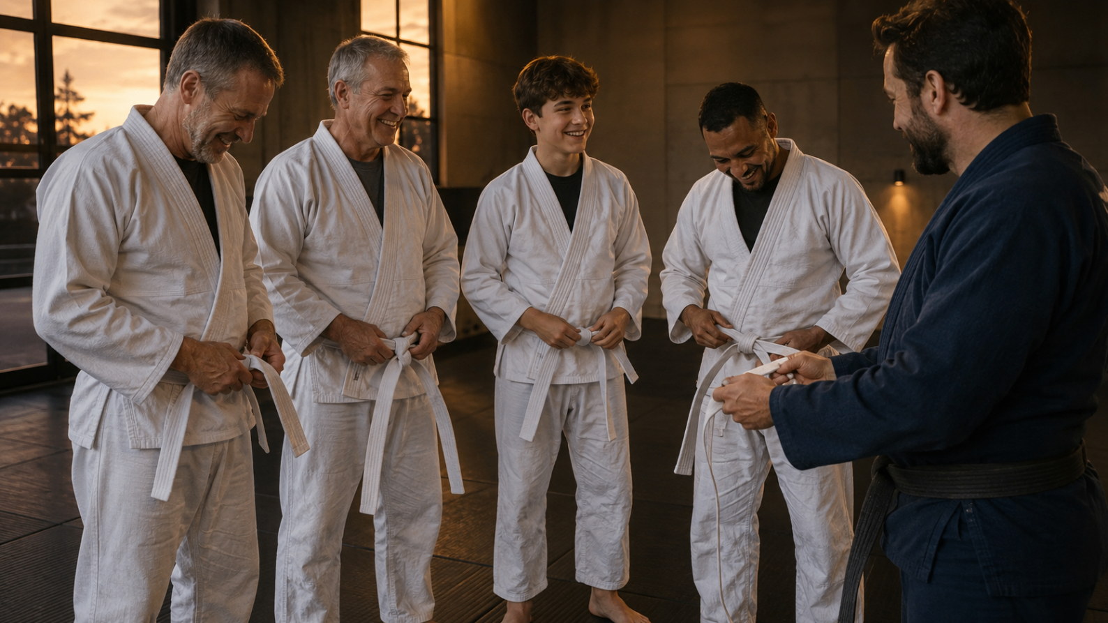 A father showing his teenage son how to tie his white belt at the edge of the mats