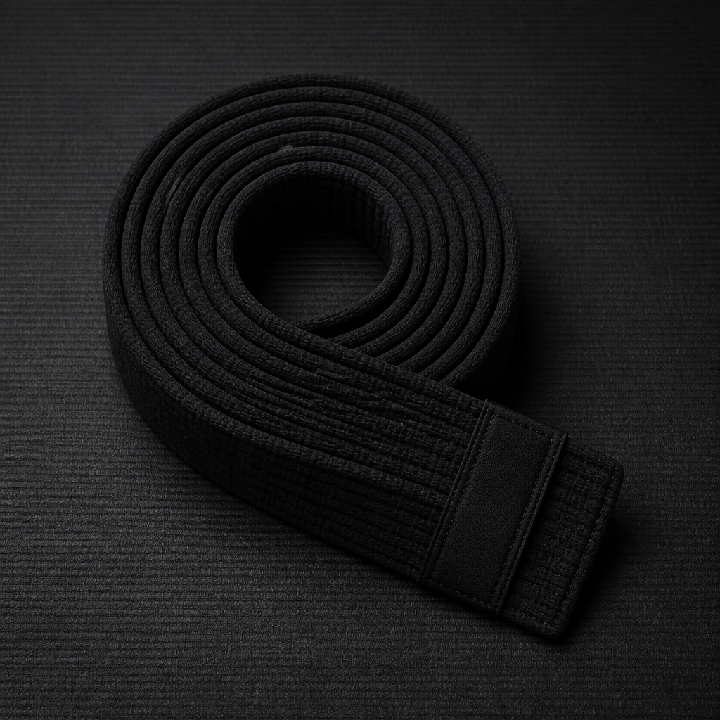 Black Brazilian Jiu-Jitsu belt coiled on a dark mat, representing expert stewardship and the real beginning of the journey