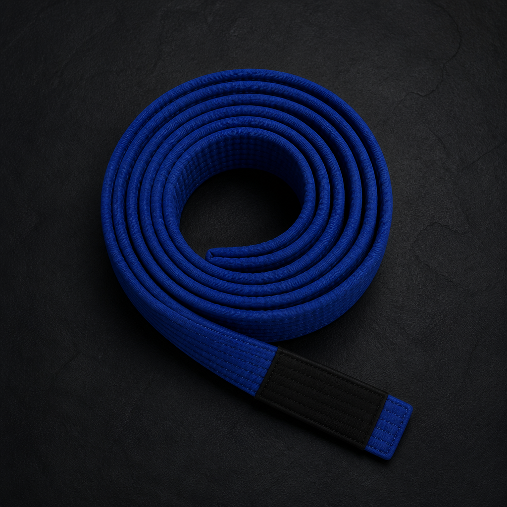 Blue Brazilian Jiu-Jitsu belt coiled on a dark mat, representing the developing practitioner building their first game