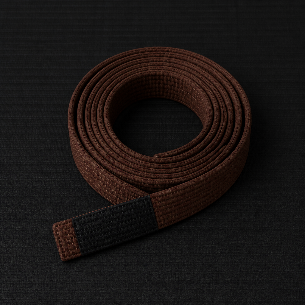 Brown Brazilian Jiu-Jitsu belt coiled on a dark mat, representing advanced polish and the final sharpening before black belt