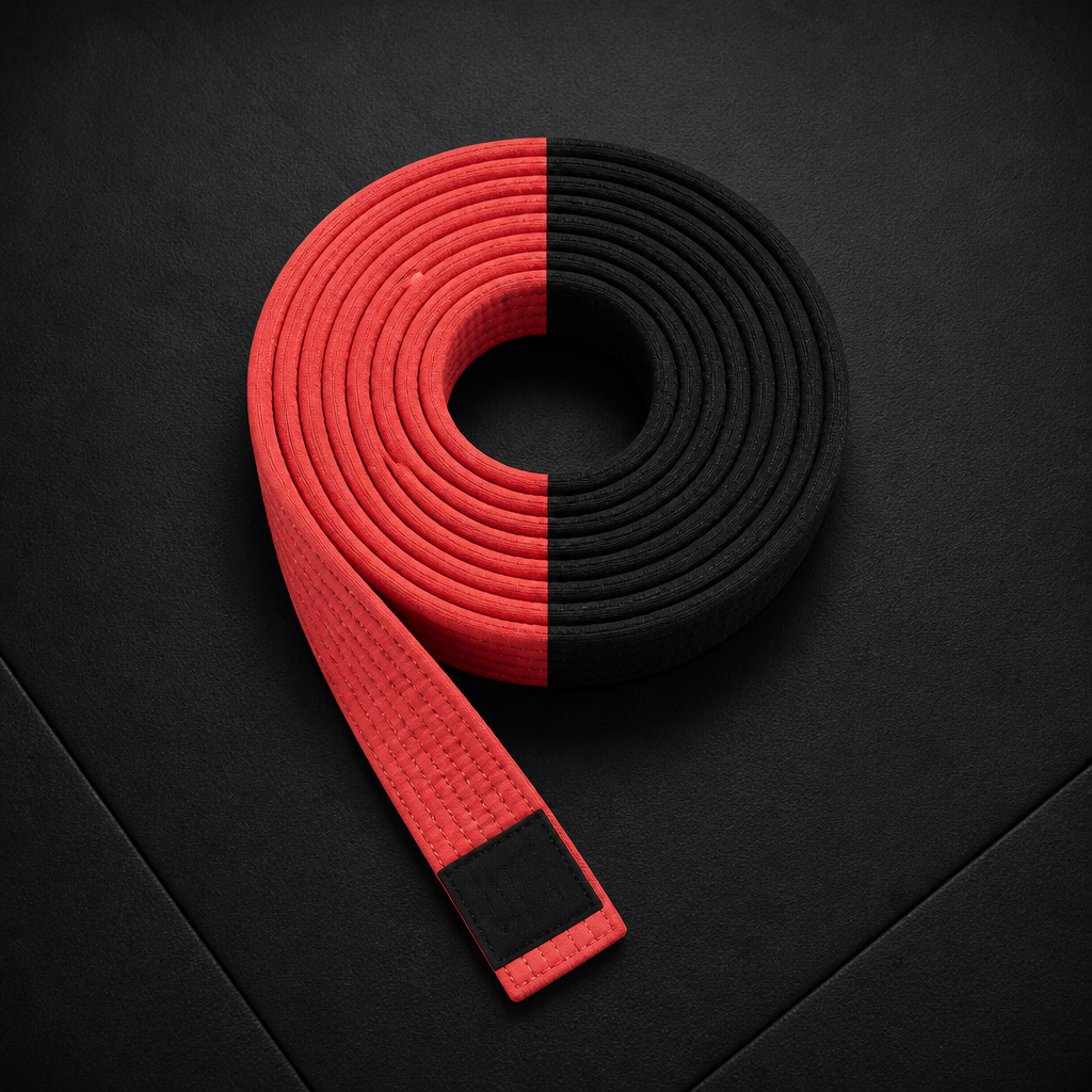 A red-and-black coral Brazilian Jiu-Jitsu belt coiled on a dark mat