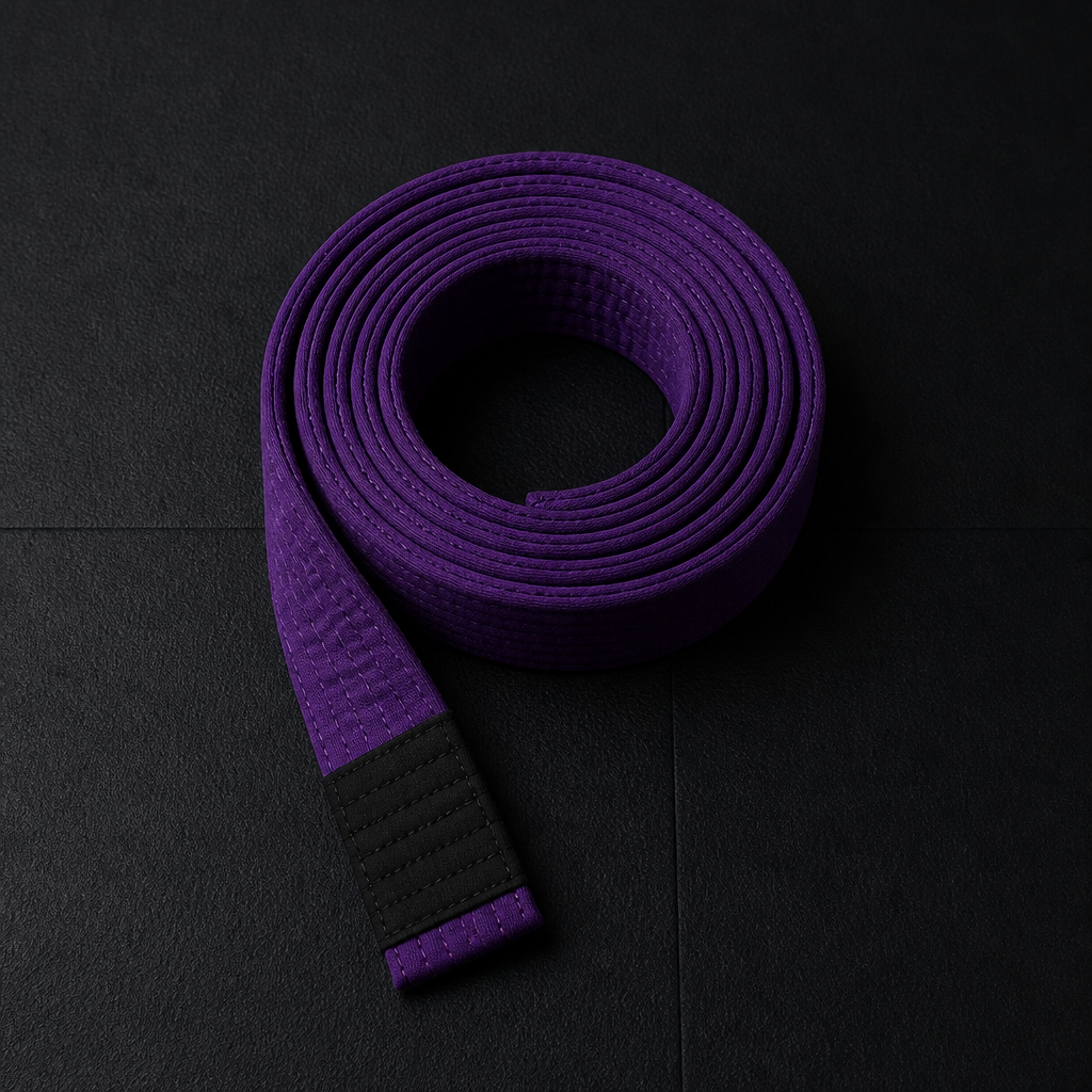 Purple Brazilian Jiu-Jitsu belt coiled on a dark mat, representing intermediate refinement, teaching, and personal style