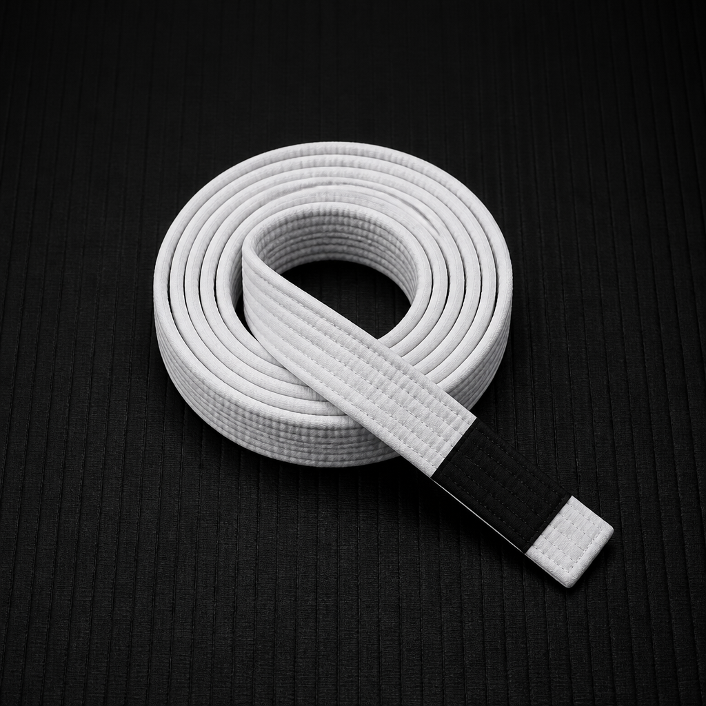 White Brazilian Jiu-Jitsu belt coiled on a dark mat, representing the beginning of humility and the beginner phase