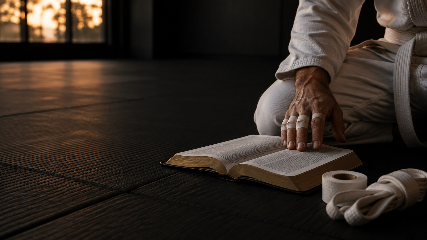 An open Bible on the black mats beside a hand with taped fingers