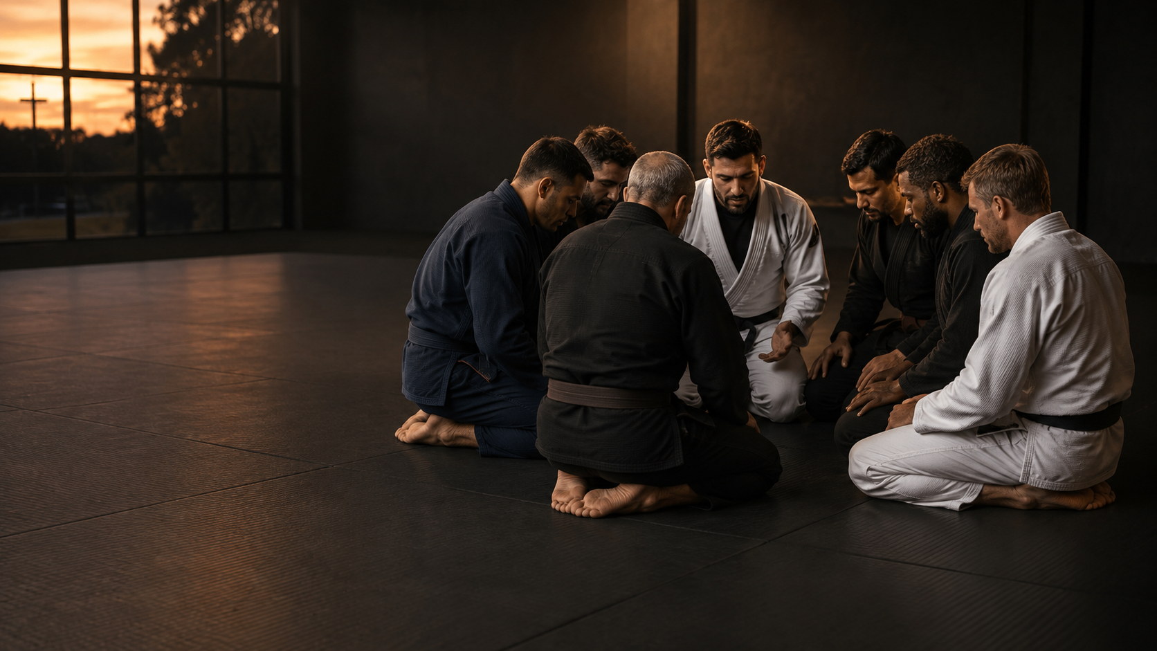 Men kneeling in a circle in prayer at the edge of the mats