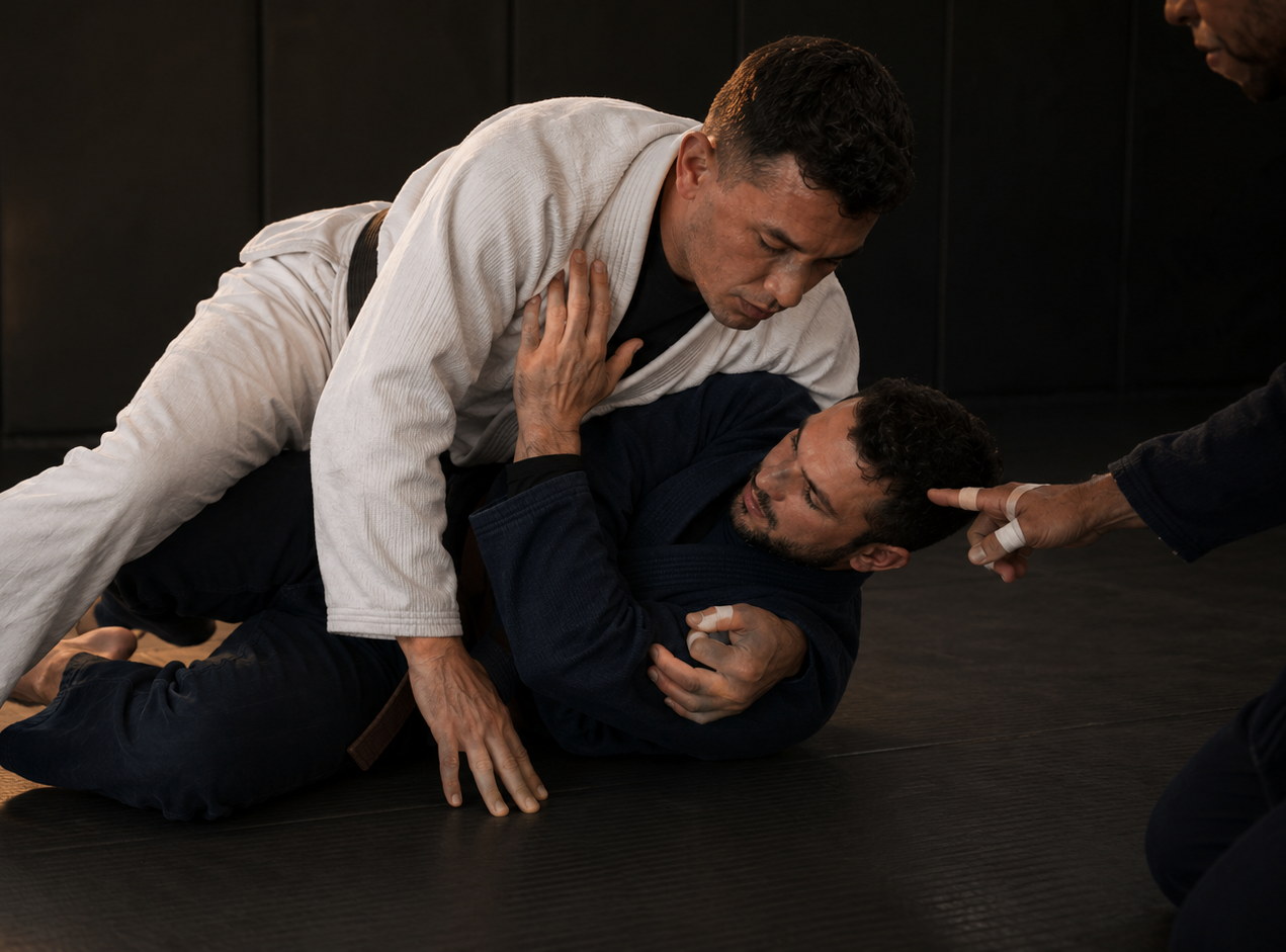 Two men drilling a controlled grip under warm gym light
